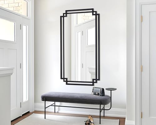Image of 32 inch x 47 inch Large Wall Mirror for Living Room Decor, Black Decorative Mirror with Irregular and Rectangular Metal Frame, Horizontal /Vertical Hanging Mirror for Bathroom, Entrance