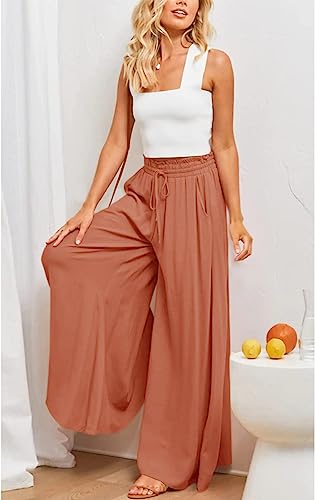 Muchpow Women's Wide Leg Drawstring Pants Elastic Waisted Casual Palazzo Trousers with Pockets2