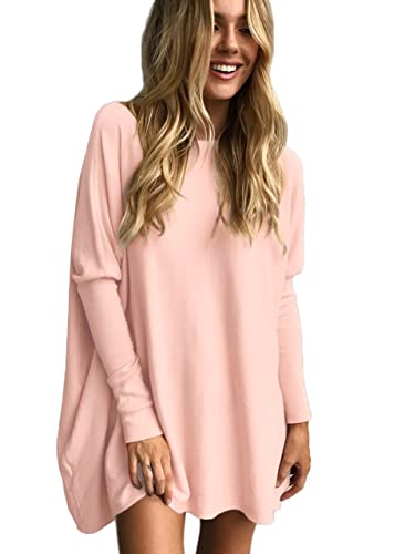 LIYOHON Oversized T Shirts for Women Tunic Tops to Wear with Leggings Batwing Long Sleeve Loose Flowy Tops Pink-S