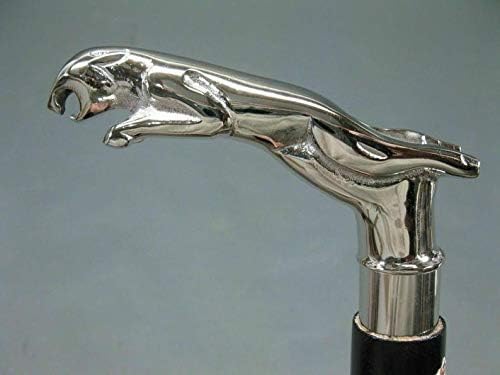 Riyex Vintage Jaguar Brass Handle Silver Finish Black Wooden Walking Stick Cane