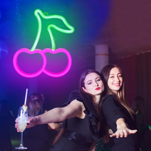 Image of Cherry Neon Sign Pink Green Cherries Neon Lights Cute Fruits LED Signs for Kids Room Restaurant Bar Fruit Shop USB Battery Neon Signs for Wall Decor