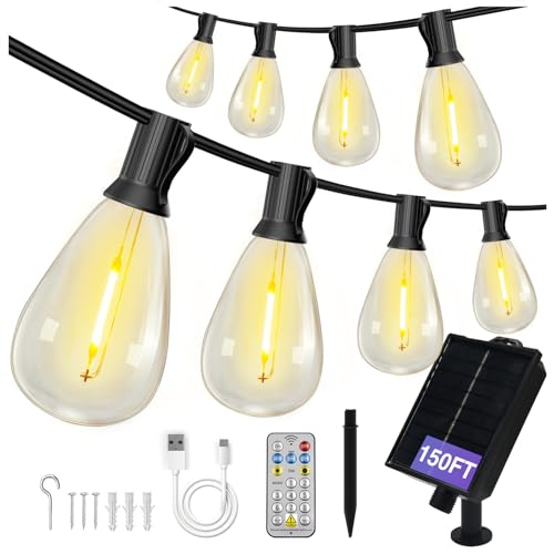 DAYBETTER 150FT Solar String Lights Outdoor Waterproof with Remote & USB Port Dimmable & Timmer,Solar Patio Lights 47+1 LED Shatterproof Bulbs 8 Light Modes,String Lights for Outside Camping Backyard