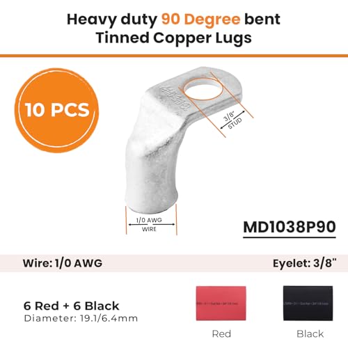 SELTERM 10pcs - 1/0 AWG 3/8" Stud 90° Bent Battery Lugs - Ring Terminal Connectors with 12pcs 3:1 Black & Red 3/4" Heat Shrink Tubing - Heavy Duty Battery Cable Ends - Tinned Copper Wire Connector Kit