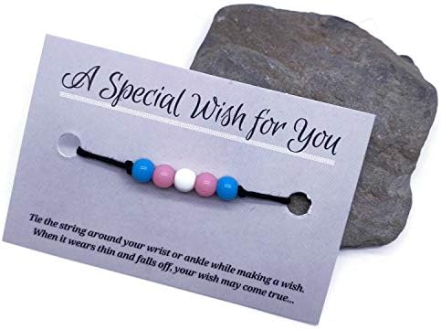 Trans Pride Colours Black Hemp Wish Bracelet with 6mm Acrylic Beads Charm on Printed Card - Adjustable - Unisex