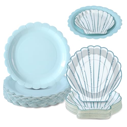 Ferrochef 100 Pcs Ocean Seashell Party Plates Supplies Set 7 Seashell Disposable Paper Plates 9 Floral Shaped Paper Plate for Summer Coastal Beach Mermaid Themed Birthday Baby Shower Decoration