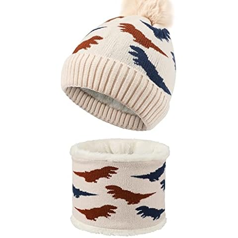 AYPOW Kid's Winter Warm Knitted Beanie Sets Thermal Thicken Fleece Lining Neck Warmer Circle Accessories Hat Scarf, Beige, One Size Cover