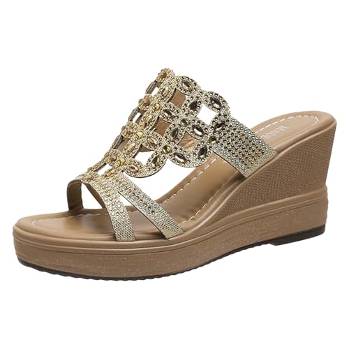 Platform Sandals for Women,Open Toe Causal Chunky Sandals,Women's Slip On Shoes,Bohemian Rhinestone Crystal Comfy Platform Wedge Sandal Summer Beach Travel Shoes Ladies Flip Flops for Women