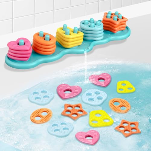 JoiTale Baby Bath Toys, Mould Free Silcone Shape Sorting & Stacking Bath Toy Set, No Hole Silicone Color & Shape Sorter Bathtub Toy Early Learning Sensory Toys for Toddler