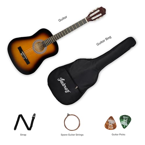 Image of Juarez 38 Inch Classical Guitar with Nylon Strings for Beginners, Finger-Friendly Full Size Guitar Kit with Bag, Picks, Strap & Extra Steel Strings for Upgrade, 3TS