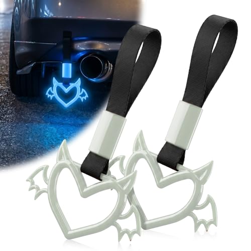Image of 2 Pcs Devil Heart Shaped Car Handle Strap - JD M Drift Charm Rear Bumper Warning Ring Decor for Car Interior Exterior, Subway Bus Handle Accessory, Cute Heart Car Decor Gift (Luminous Blue-Wing)