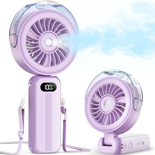 Image of Otlonpe Handheld Misting Fan Portable, Powerful 4 High Speeds Rechargeable Small Hand Held Fan Water Mist, 4000mAh Battery Operated, Foldable, Lanyard, Personal Cooling for Travel Men Wome