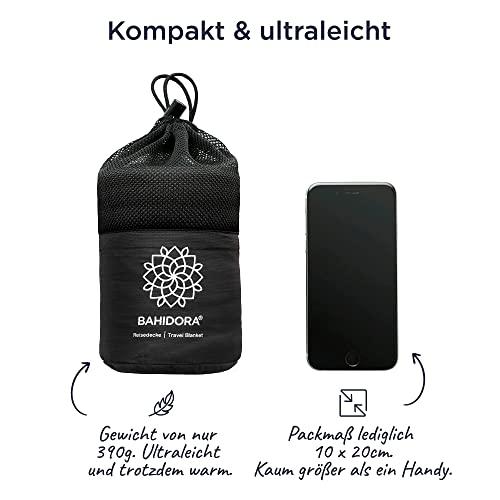 Bahidora® Reisedecke Ultraleicht Warm 200x150cm. Camping Decke Outdoor aus Coolmax Material - ideal als Reise Zubehör. Geringes Packmaß, weich und atmungsaktiv
