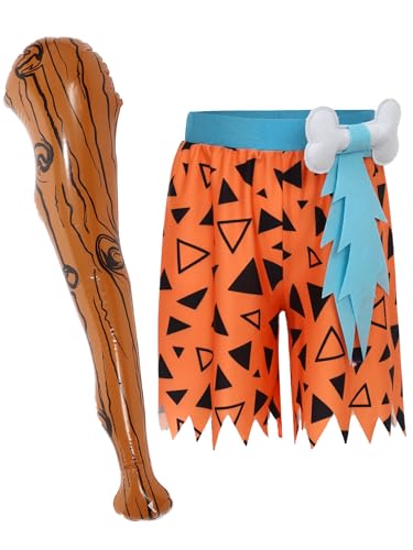Yruioon Disfraz de hombre de las cavernas para chicos de la Edad de Piedra, pantalones cortos + bastón hinchable para Halloween, carnaval, naranja, 134-140