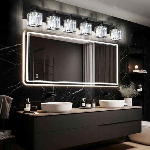 Image of Black Crystal Bathroom Vanity Light, 6-Light Modern Bathroom Lighting Fixtures Over Mirror, Matte Black Wall Sconce Light Fixtures with Square Shade