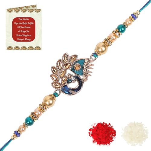 Image of Riddhika Ventures Meenakari Peacock Rakhi - A Bond of Love & Protection with Roli Chawal and Greeting Card