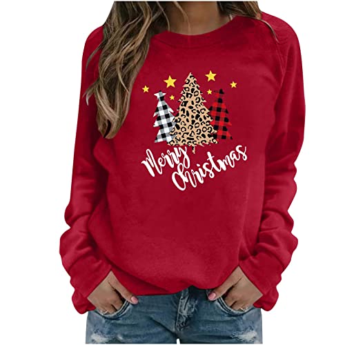 Moletom feminino xadrez leopardo estampa de árvore de natal moletom grande gola redonda pulôver mang