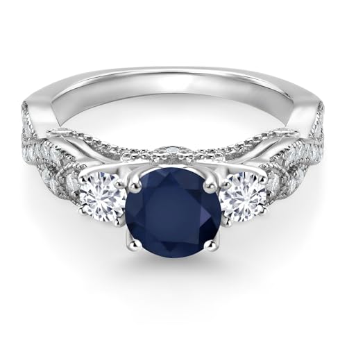 Gem Stone King 925 Sterling Silver Blue Sapphire White Lab Grown Diamond and White Moissanite Engagement Ring For Women (1.57 Cttw, Gemstone September Birthstone, Round 6MM and 3MM)2