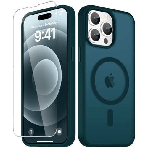 Image of YENAPOON for iPhone 14 Pro Max Case, Matte Magnetic Phone Cover [with 1 Screen Protector] [Support for MagSafe] [Shockproof Military Grade Protection] Translucent Frosted Back, Blue