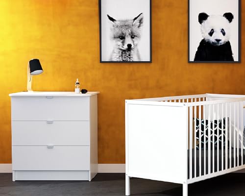 Commode à langer compacte 3 tiroirs blanche meuble bébé de 92 cm