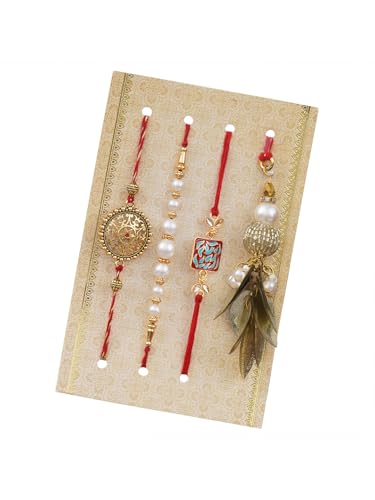Image of eCraftIndia Designer Peacock Rakhi, Lord Krishna Idol Playing Flute Under Tree with Cow and Calf Showpiece, Roli Chawal Pack, Raksha Bandhan Greeting Card