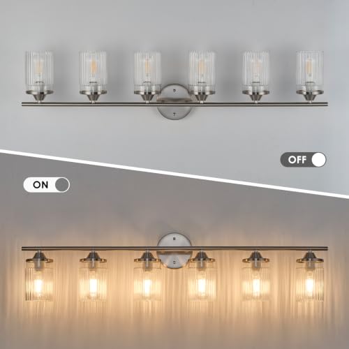 Image of Jonsi Nickel Bathroom Light Fixtures 6-Light Vanity Lights Modern Wall Sconce with Clear Glass Shade Brushed Nickel Bathroom Light Fixture Over Mirror for Bedroom Hallway Kitchen