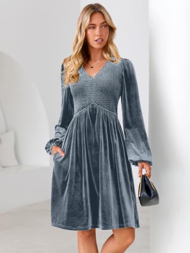 Simplee Womens Velvet Dress 2026 Fall Cocktail Smocked Long Sleeve V Neck Short Wedding Guest Dresses with Pockets Dusty Blue — view 2