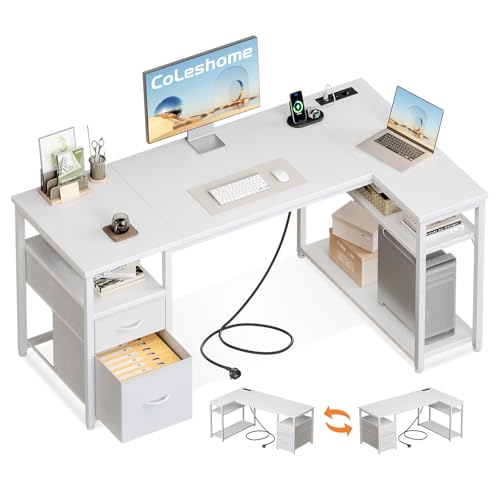 Coleshome Escritorio Esquinero con Cajones de Tela, 140x80cm Escritorio en L con Estantería Reversible, Mesa en L con Enchufes y Puertos USB para Oficina Trabajo en Casa y Juegos, Blanco