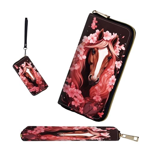 RFID-Blocking Zip Around Wallets for Women with Detachable Wrist Strap,Large Capacity Phone Holder with Card Organizer & Coin Pocket,Horse With Cherry Blossom