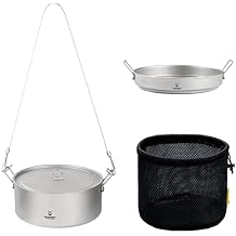 SILVERANT Ultralight Titanium Large 2-piece Pot & Pan Camping Cookware Set, Lightweight Titanium Camping Pot Mug with Hanger/Retractable Handles and Mesh Drawstring Bag