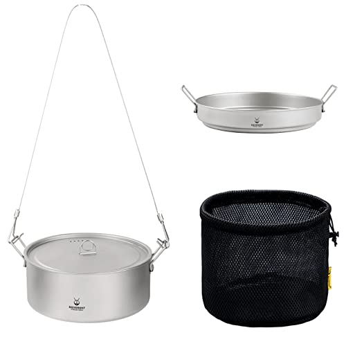 Silverant Ultralight Titanium Large 2-Piece Pot & Pan Camping Cookware Set, Lightweight Titanium Camping Pot Mug With Hanger/Retractable Handles And Mesh Drawstring Bag #TOP7