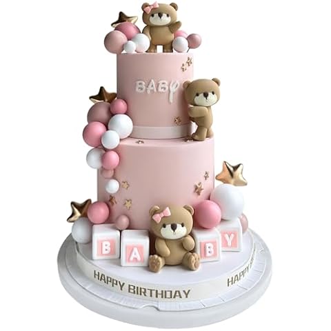 34 Pcs Bear Cake Toppers Pearl Ball Cake Decorations with Stars Cake Topper for Boy Girl Baby Shower Birthday Party Decorations (Pink) Cover
