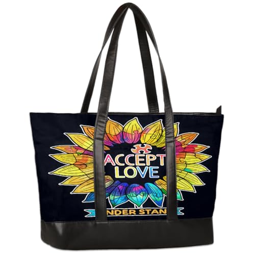 Bolsa feminina de lona para laptop com estampa colorida de girassol de 38 cm, bolsa de mão leve e casual de ombro para negócios, escritório, trabalho, viagem, escola, faculdade, fim de semana