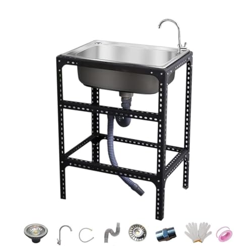 Fregadero de Lavandería Portátil con Grifo Y Desagüe Fregadero de cocina de acero inoxidable con soporte Fregadero Exterior Independiente Fregadero Exterior Jardin Pila (55 * 40 * 75cm)