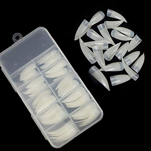 krofaue Stiletto Nail Tips Shape Half Cover False Nails Acrylic Artificial 10 Sizes 100pcs For DIY Nail Art And Nail Salons with Box (Natural)
