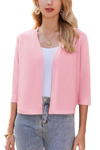 Zeagoo Boléro Femme Festif Élégant Cardigan Solide Boléro Veste Loisirs Manches 3/4 Cardigan Haut Ouvert Devant Boléro Rose L