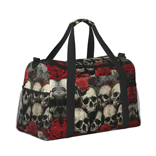 Skull And Red Rose Foldable Travel Duffel Bag Tote Carry On Luggage Bag For Weekend Getaways, For Spontaneous Trips3