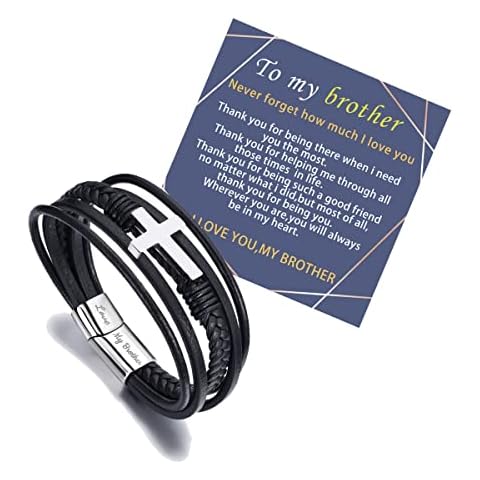 Birthday Gifts for Dad/Grandpa/Son/Boyfriend/Brother/Husband Black Leather Cross Bracelet for Men, 7inch, no gemstone Cover