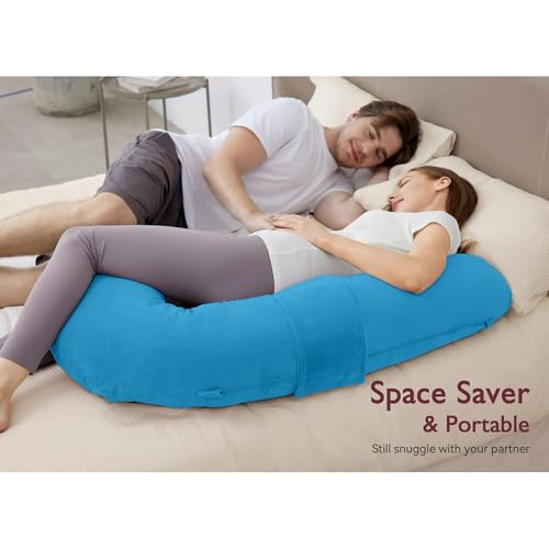 Image of J-Shaped Sleeping Pregnancy Pillow| Removable Velvet Covers| PregnoCare Fibres| Baby Shower Gift, Maternity, Nursing| Full Body Soft-Support Bump, Head, Back, Shoulder, Hips, Legs and Belly (Sky Blue)