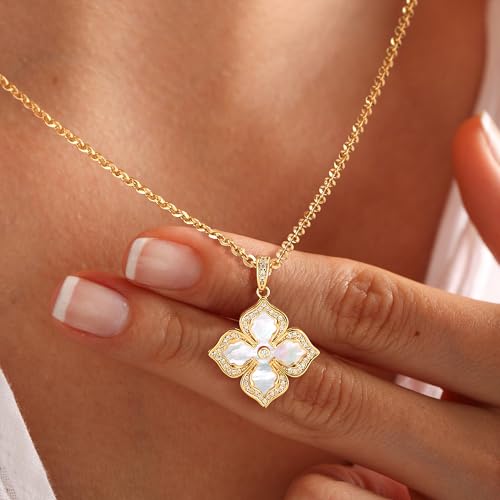 MEVECCO Gold Four Leaf Clover Necklace for Women 14K Gold Plated Clover Pendant Necklace Double Side With Diamond Vintage Filigree Flower Necklace Gift2