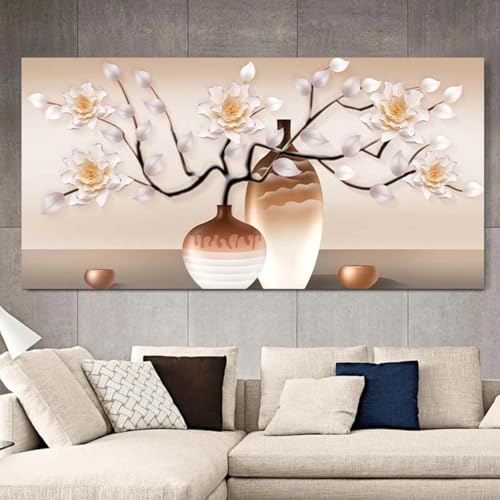 Art mural moderne d'exception : toile de maître abstraite fleurs blanches dorées - 3