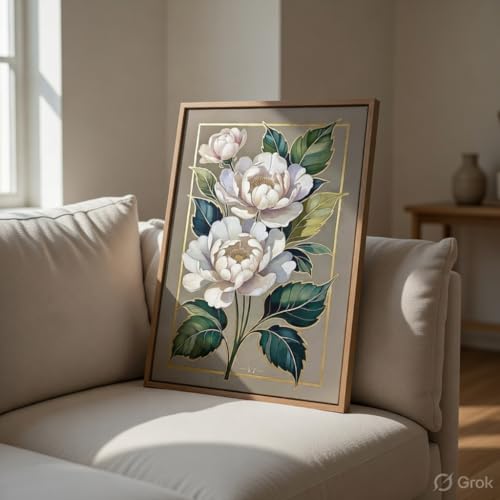 Image of SAF Elegant White Floral Wall Painting with Wooden Frame | Luxury Flower Artwork HD UV Laminated MDF Wall Decor | Botanical Flower Wall Art for Living Room Bedroom Office Decor 13.5 Inch x 19.5 Inch