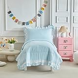 Shxime 4 Pieces Double Layer Toddler Bedding Set - Baby Blue & White Ruffle Fringe 4 Pieces Toddler Bed Set - 1 Comforter + 1 Fitted Sheet +1 Flat Sheet +1 Pillowcase for Baby Boys and Girls Baby Blue