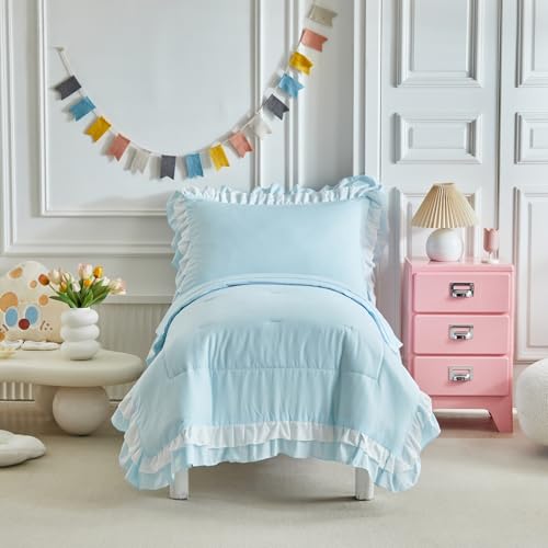 Shxime 4 Pieces Double Layer Toddler Bedding Set - Baby Blue & White Ruffle Fringe 4 Pieces Toddler Bed Set - 1 Comforter + 1 Fitted Sheet +1 Flat Sheet +1 Pillowcase for Baby Boys and Girls Baby Blue
