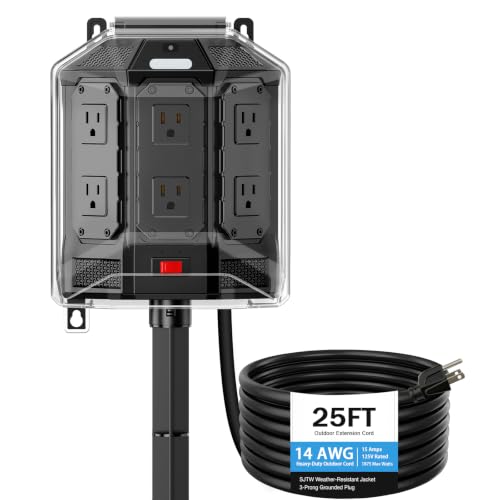 25FT Outdoor Power Stake with Weatherproof Full-Cover Design | 6 grounded outlets, 14AWG cord, overload protection, stake mount & night light for outdoor power access - image 1