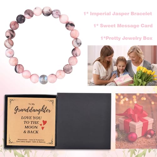 Daughter Gifts from Mom Daughter Bracelet, Pink Natural Stone and Love Moonstone Bracelet for Teen Girls Graduation Comfirmation Birthday Gifts2