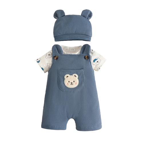Eqenkely Ropa de Bebé Recién Nacidos Manga Corta a Rayas Mono Top+ Pantalones Cortos con Tirantes y Animales + Sombrero 3 Piezas Verano Conjuntos Azul 0 3 Meses