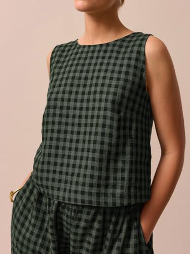 Image of Womens 2 Piece Lounge Sets Cotton Plaid Crop Top High Waisted Baggy Ankle Barrel Pants Gingham Matching Set