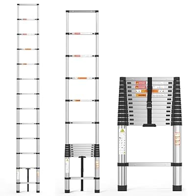 Stainless Steel Telescoping Ladder, 12.5FT/3.8m Compact Folding Ladder with 330lbs Max Capacity and Tested to EN131 Folding Ladder, Anti-Slip Rubber Feet for Home, Outdoor, Attic, DIY Work