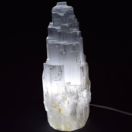 Enorme lámpara de selenita de satén de 8 libras, 11.5 pulgadas, cristal natural, torre única, decoración en forma de montaña, piedra mineral con cable y bombilla LED, Marruecos