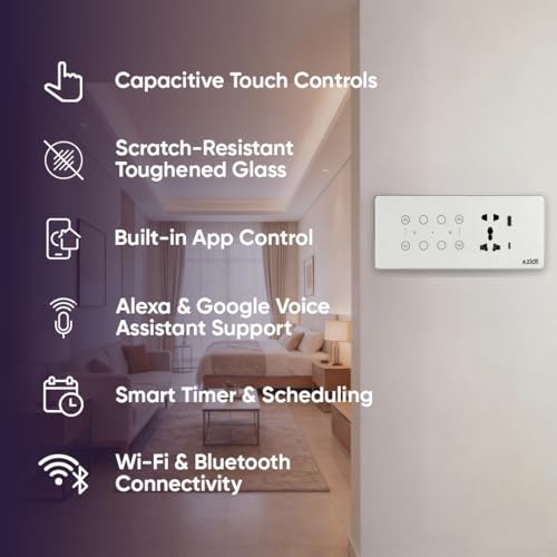 Image of AZIOT Smart Premium Toughened Glass Touch Switch Panel | Elevate 8 Module (4 Switch + 2 Fan + Socket) | WiFi + BLE | No Hub Required | Compatible with Alexa, Google Assistant & Siri | White
